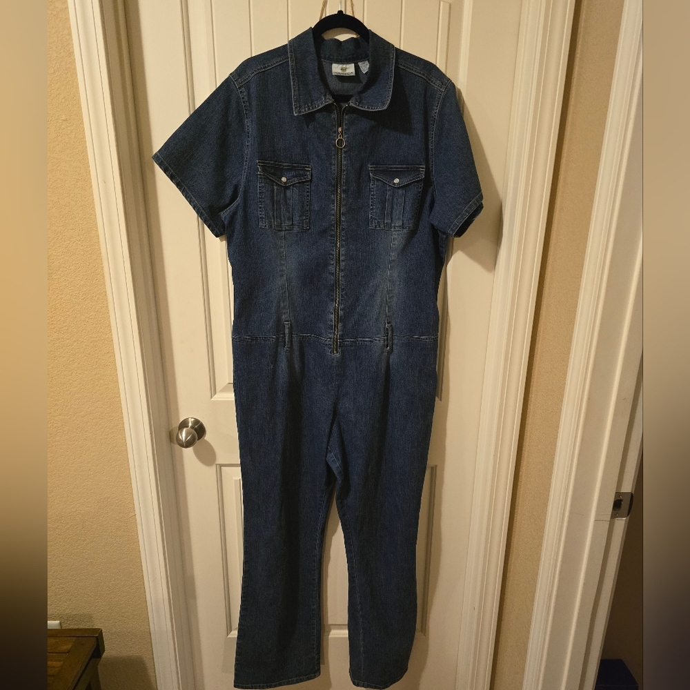 Sunshine Apparel Plus Size Denim Stretch Jumpsuit Flare Leg Short Sleeve 20W